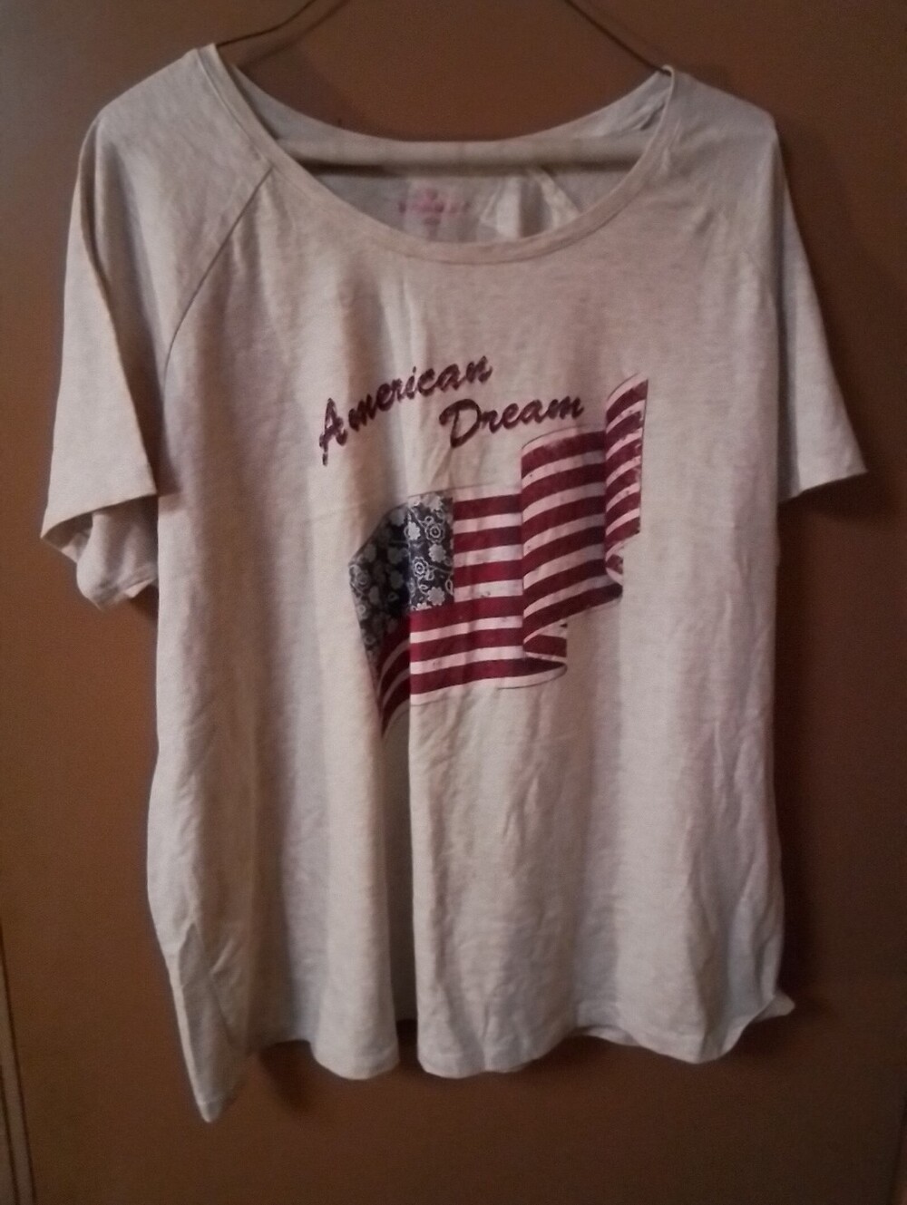 Woman Within Cream Short Sleeve Tee with Maroon Flag Graphic